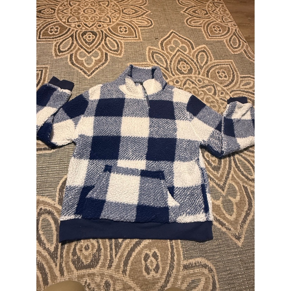 SHEIN Navy Blue White Buffalo Plaid Sherpa Fleece Quarter Zip Pullover Large